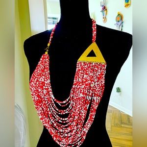 Handmade Red and White Beaded Necklace